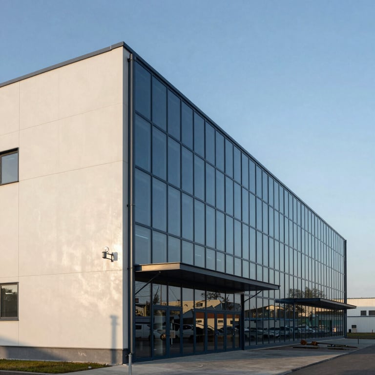 The exterior of a modern Rüzgar Pano industrial building with steel blue glass and off-white concrete under a clear sky.