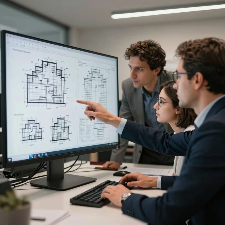A group of engineering professionals in a Turkish / Anatolian office reviewing complex technical schematics on a large monitor.