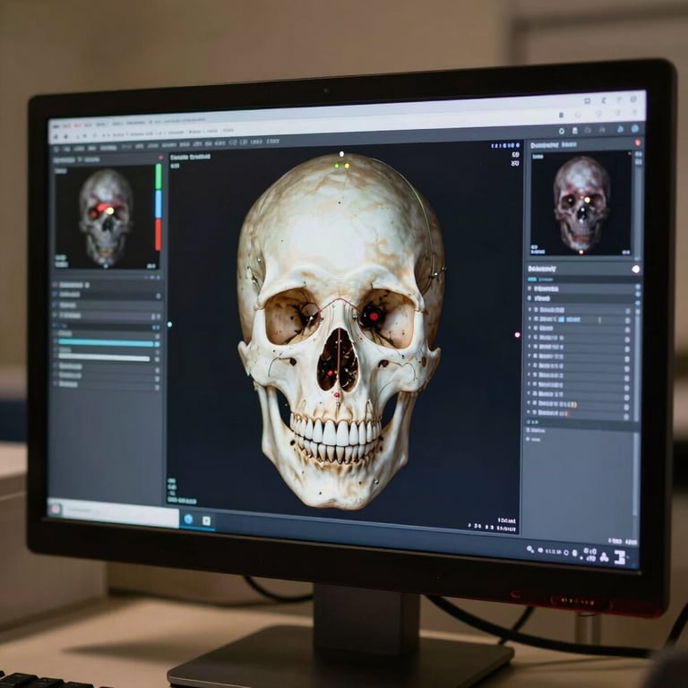 Close-up of a high-resolution medical monitor displaying a 3D digital skull reconstruction and surgical planning software, warm studio lighting
