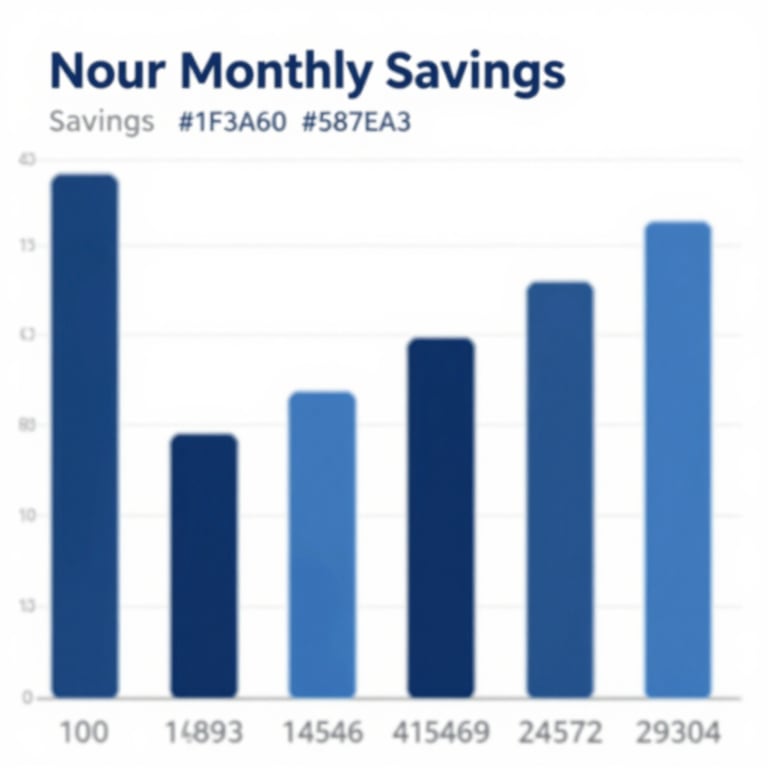 A user-friendly bar chart showing monthly savings in shades of blue (#1F3A60, #587EA3).