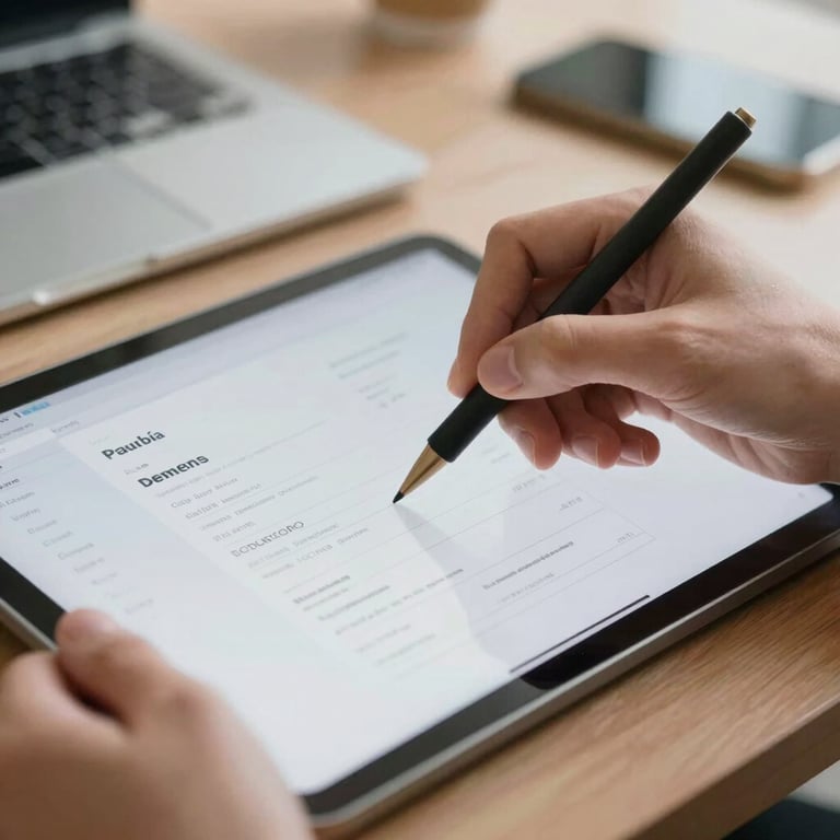 A professional close-up of a hand using a tablet to scan a financial receipt into the app.