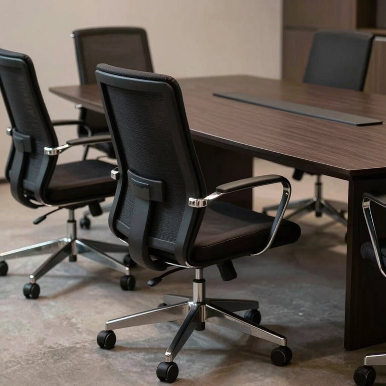 Cadeiras de escritório ergonômicas modernas em torno de uma mesa de conferência escura.