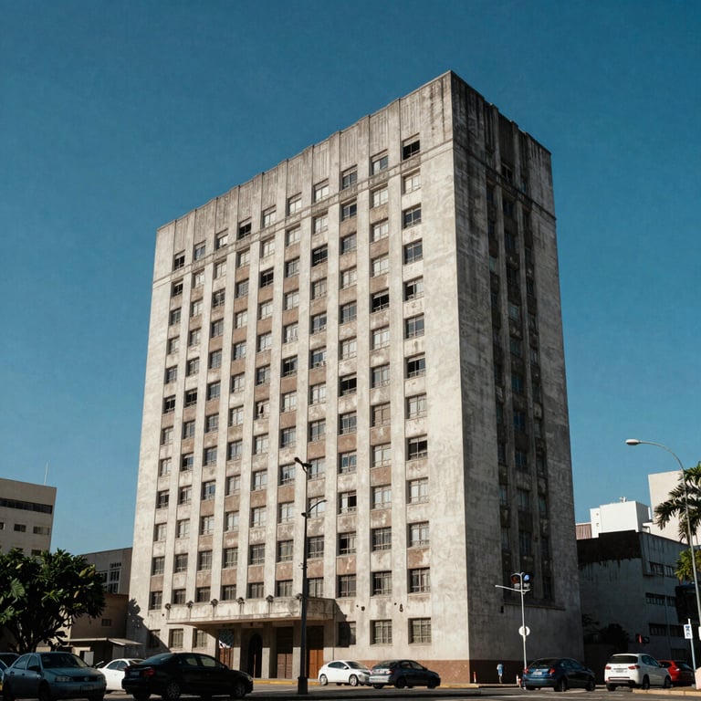 Vista de uma fachada de edifício arquitetônico contemporâneo sob um céu azul claro no Brasil.