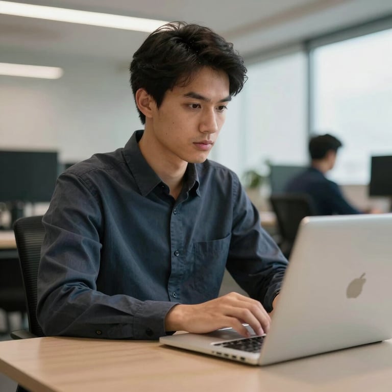 Operador de teleatendimento focado usando um laptop prata elegante em um escritório iluminado.
