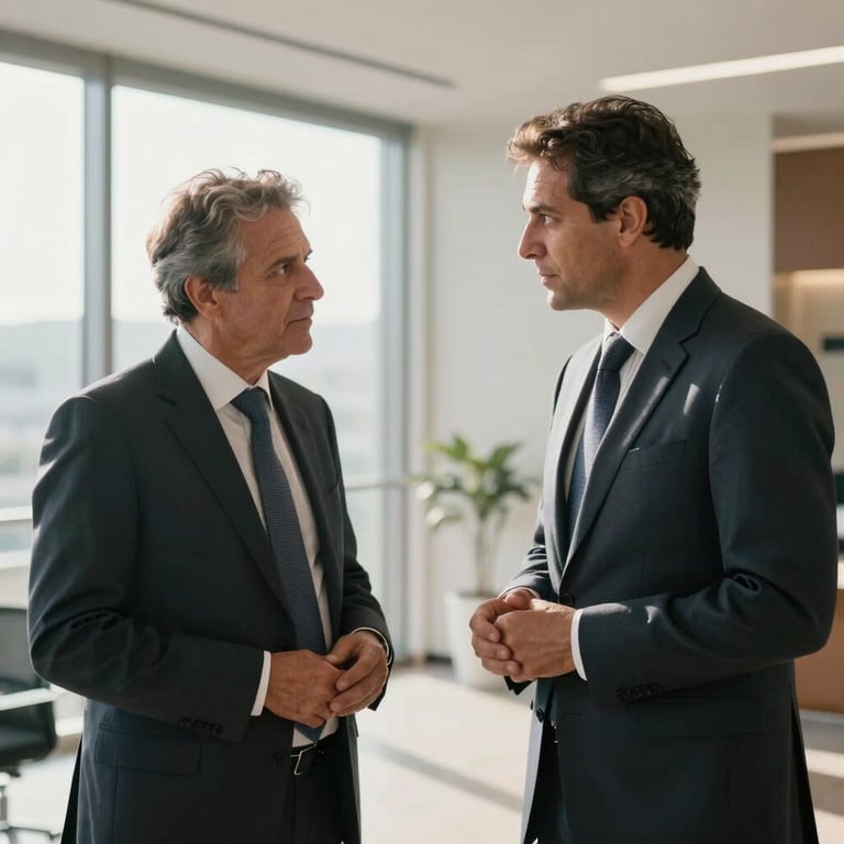 Dois profissionais em trajes executivos conversando em um corredor iluminado pelo sol.