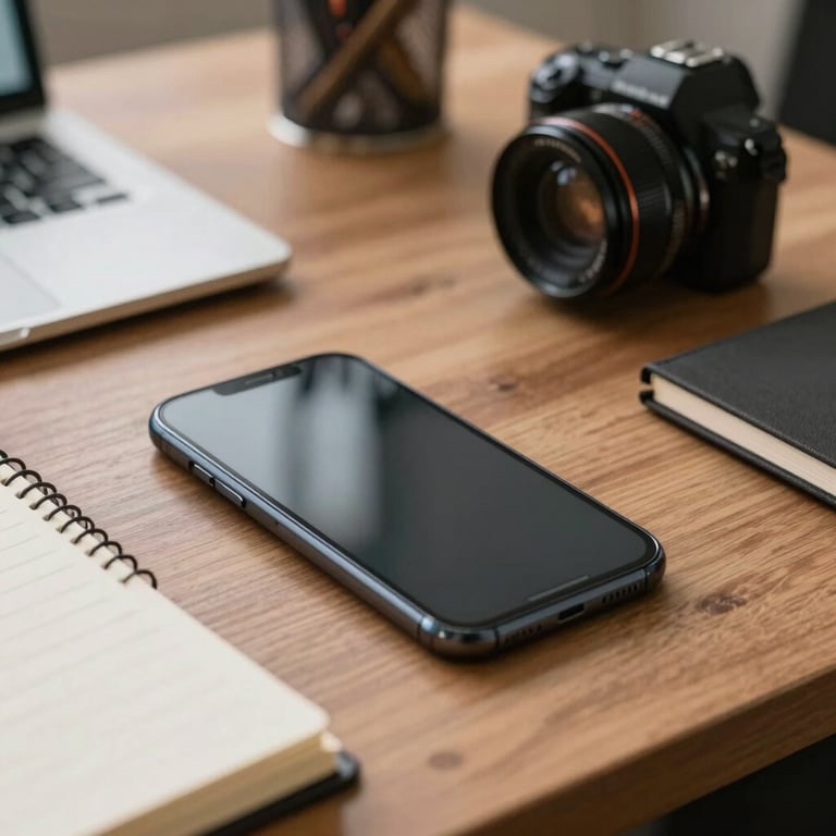 Mesa organizada com smartphone e bloco de notas em um escritório de alta tecnologia no Brasil.