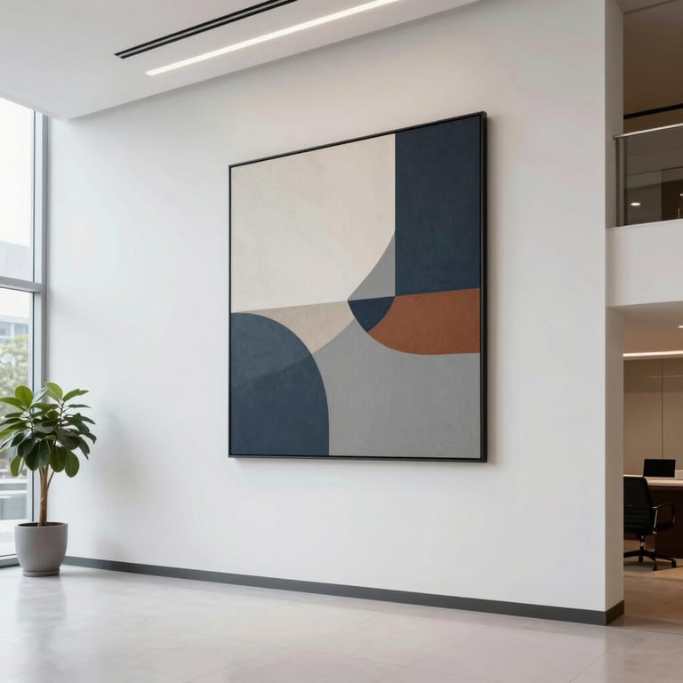 Lobby profissional de um edifício corporativo com paredes brancas e arte moderna.