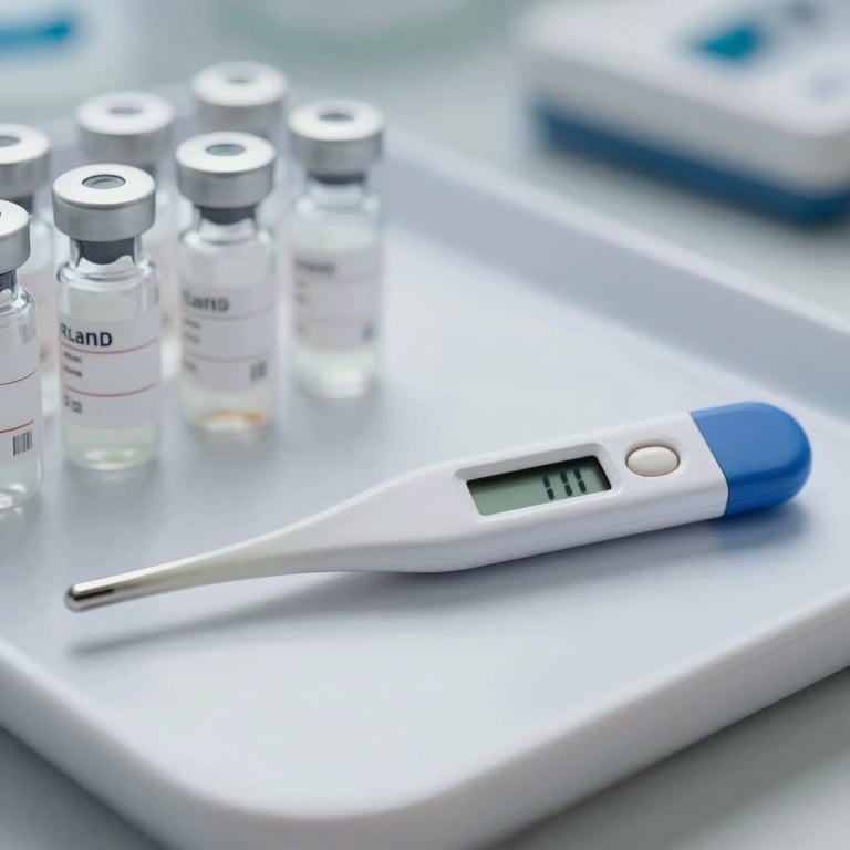A focus on a digital thermometer and sample collection vials on a clean tray, emphasizing modern technology and clinical reliability.