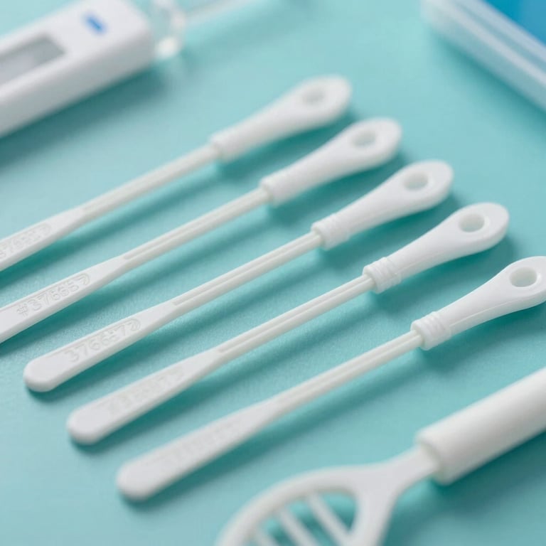 Macro shot of a DNA swab kit neatly arranged on a teal #376E78 background, highlighting medical precision and cleanliness.