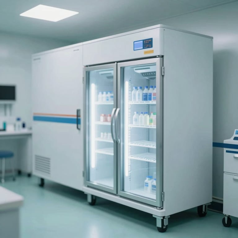 The interior of a mobile lab, showing high-tech refrigeration and secure storage units in a clean, professional #A7D9D3 environment.