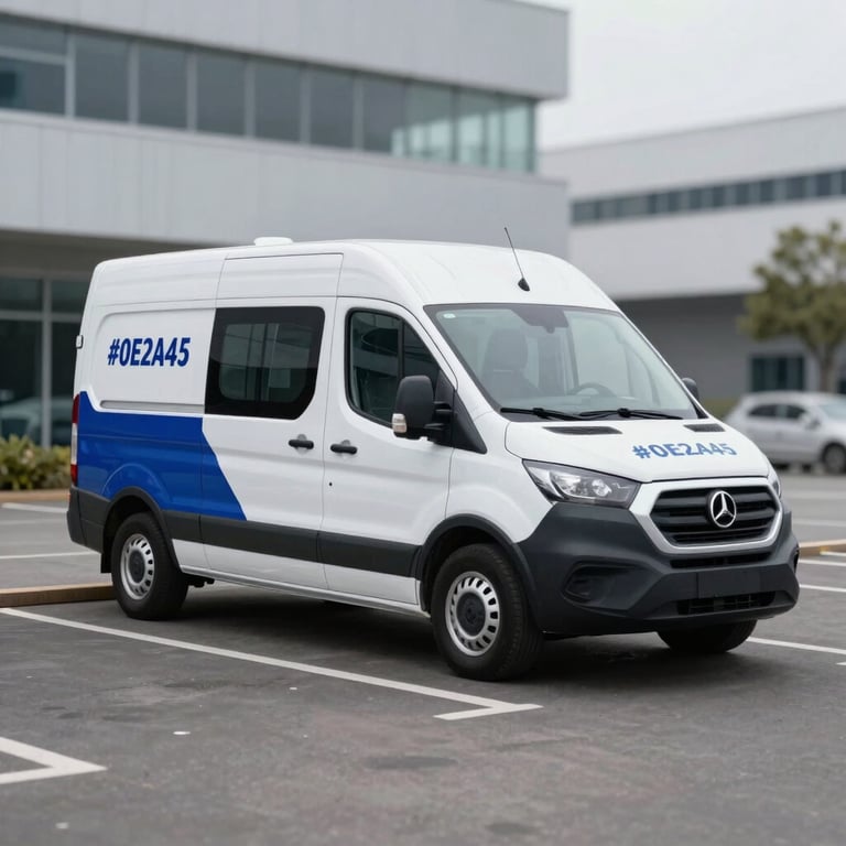 A sleek mobile testing van parked in a clean corporate office parking lot, reflecting a professional service vibe with #0E2A47 accents.