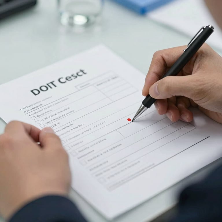 A DOT-compliant drug testing form being filled out by a professional, showing attention to detail and regulatory expertise.