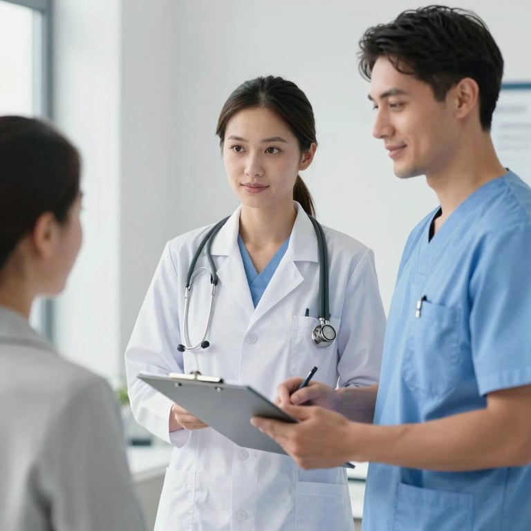 A professional collector in medical scrubs handing a clipboard to a client, both in a bright, modern setting with #F8FBFB walls.