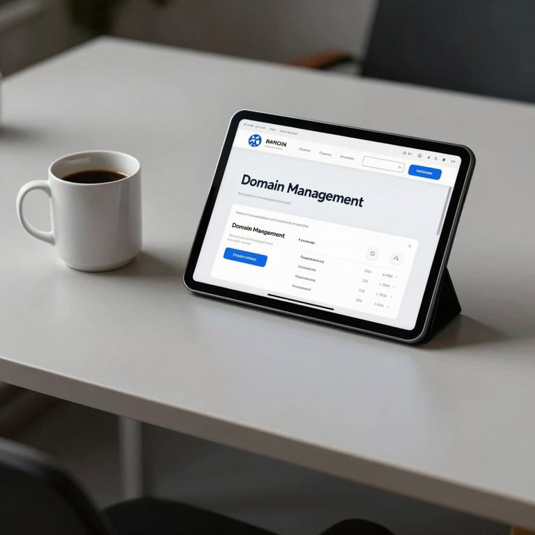 A minimalist British office desk with a coffee mug and a tablet showing a domain management portal.