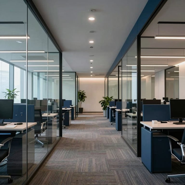 A wide shot of a sophisticated, empty tech office interior with glass walls and dark blue furniture accents.