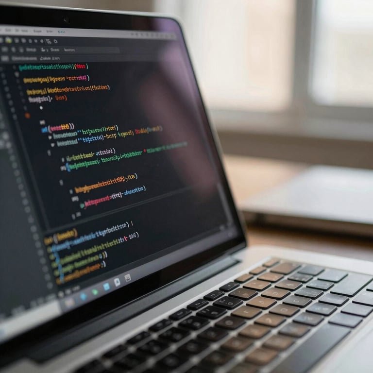 Close-up of a laptop screen with lines of HTML, reflecting soft, natural morning light in a professional setting.