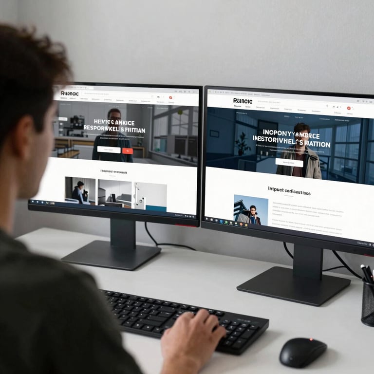 Over-the-shoulder view of a clean workspace featuring dual monitors displaying responsive web designs.