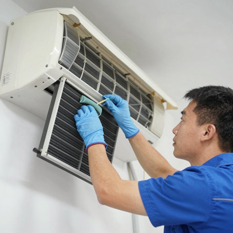 A technician cleaning the intricate filters of an AC unit, showcasing hygiene and maintenance excellence.