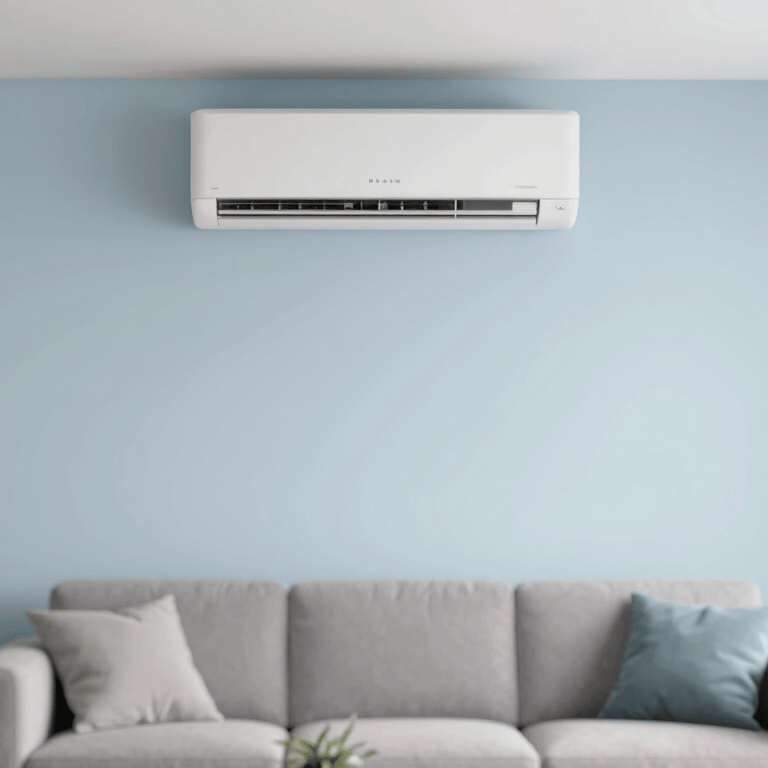 A technician in a professional uniform installing a new indoor AC unit with surgical precision. Soft blue color palette (#8AA2B6).