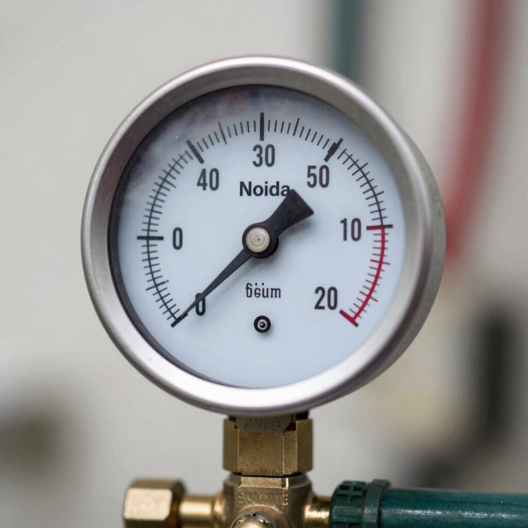 Detailed view of a pressure gauge showing accurate AC gas levels during a refill service in Noida.