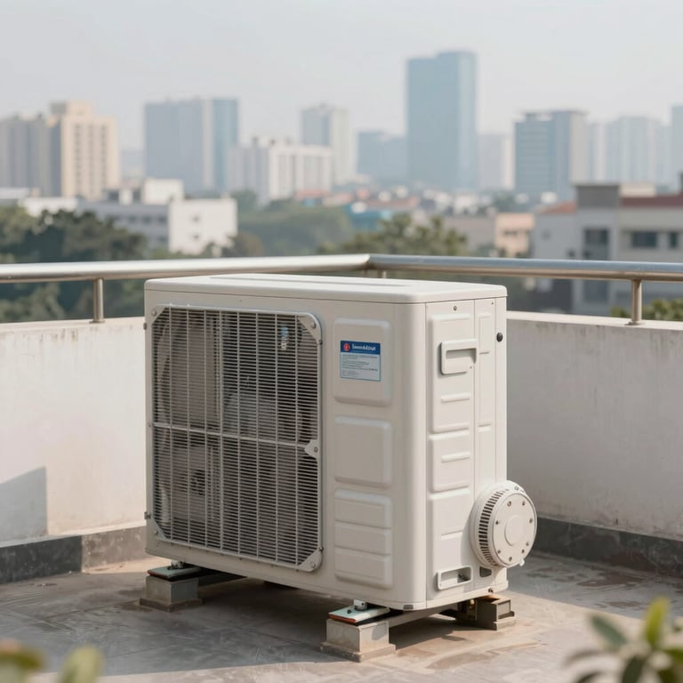 An outdoor AC compressor unit being serviced on a balcony, with a soft-focus view of Noida's urban skyline in the background.