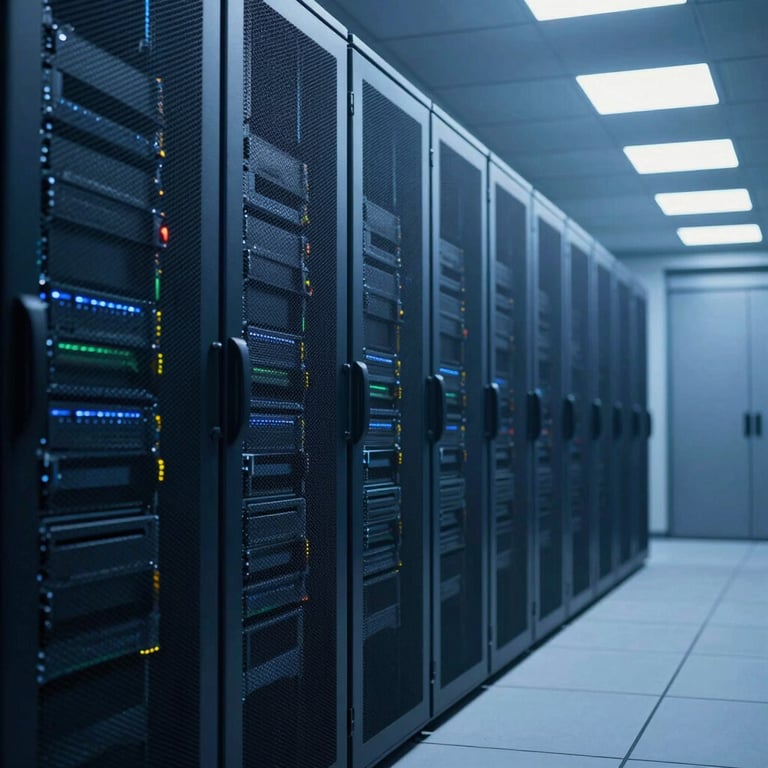 A clean photography of a data center corridor with deep blue lighting and rows of server racks.