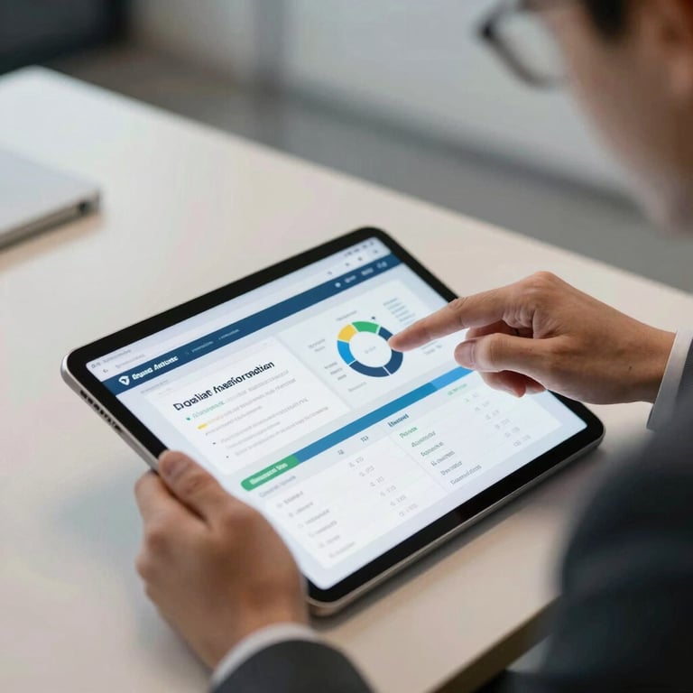 A businessman in a suit reviewing digital transformation reports on a sleek tablet in a corporate setting.