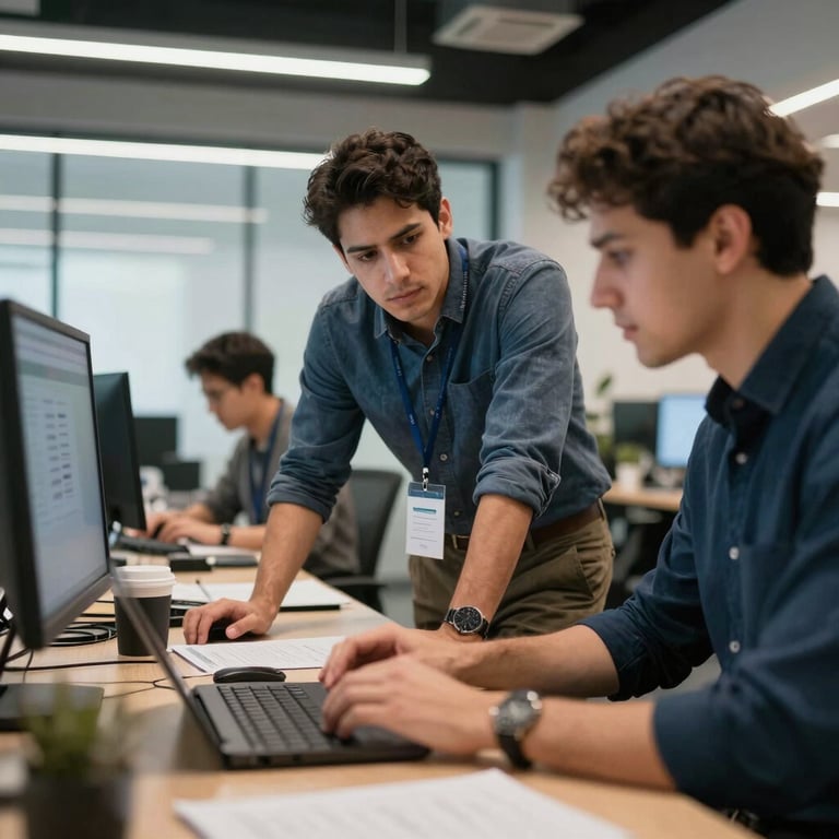A team of IT professionals collaborating on a cloud migration project in a modern South American office.