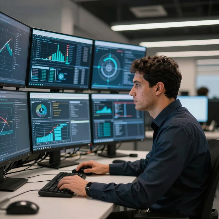 A professional cybersecurity specialist in a Brazilian tech hub monitoring digital security on large screens.