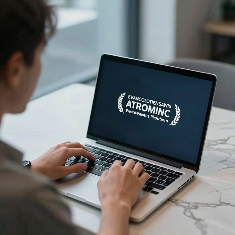An over-the-shoulder shot of a developer working on a sleek laptop at a marble table, soft light ice blue lighting in the background.