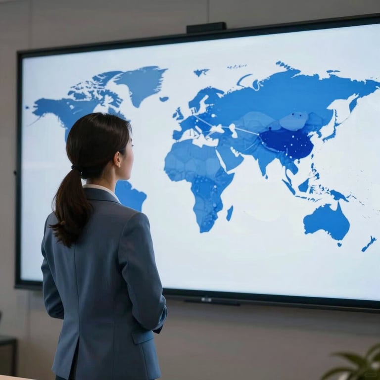 A professional woman in a slate blue blazer looking at a large wall-mounted screen showing a world map with interconnected deep blue nodes.