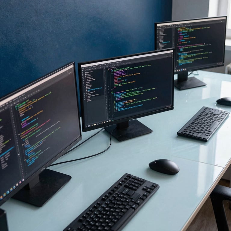 A high-angle shot of a clean, modern workspace with multiple screens displaying code. The lighting is soft and natural. The room features a deep blue accent wall and a light ice blue desk, reflecting a sophisticated and innovative atmosphere.