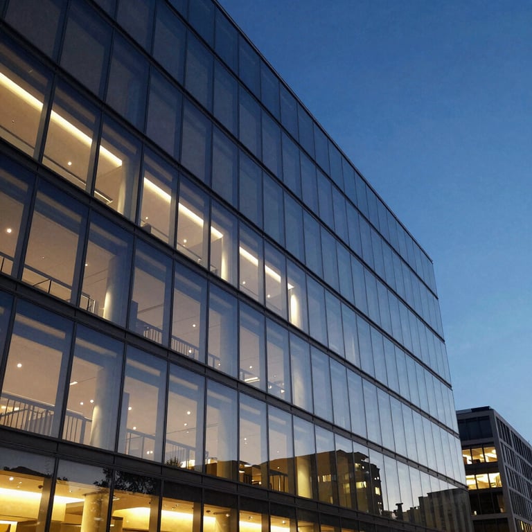 A modern architectural building facade at dusk, with lights shining through glass windows, reflecting a deep blue sky and professional innovation.