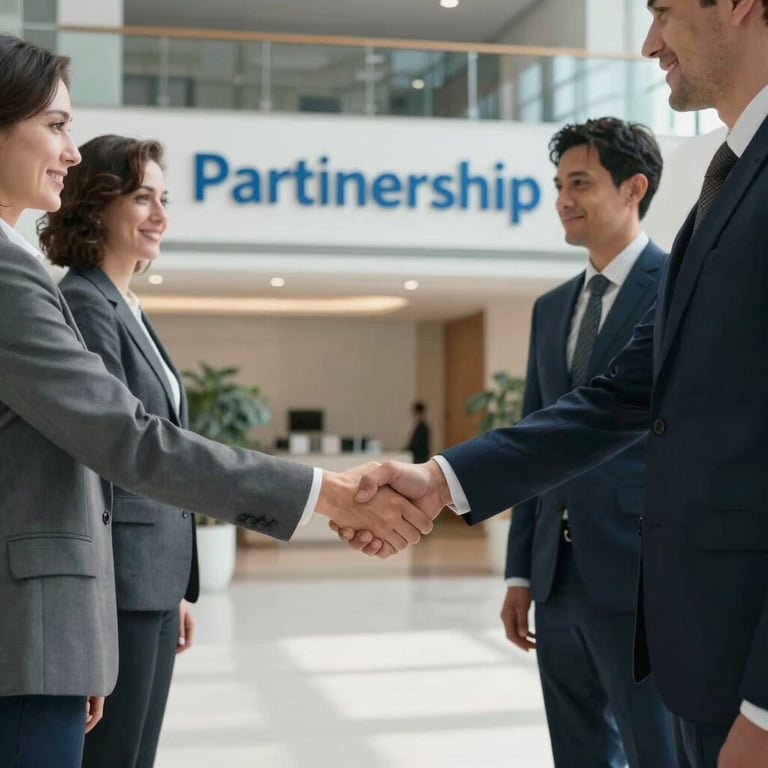 A group of people shaking hands in a bright, modern lobby with a clean floor and slate blue decorative elements, signifying a successful partnership.