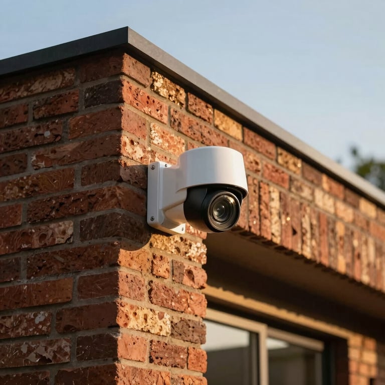 An outdoor bullet camera installed on the corner of a contemporary Indian brick home, with golden hour sunlight glinting off the housing.