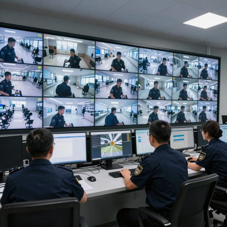A security monitoring room in a modern facility with large screens showing surveillance feeds, manned by a professional in a dark blue uniform.