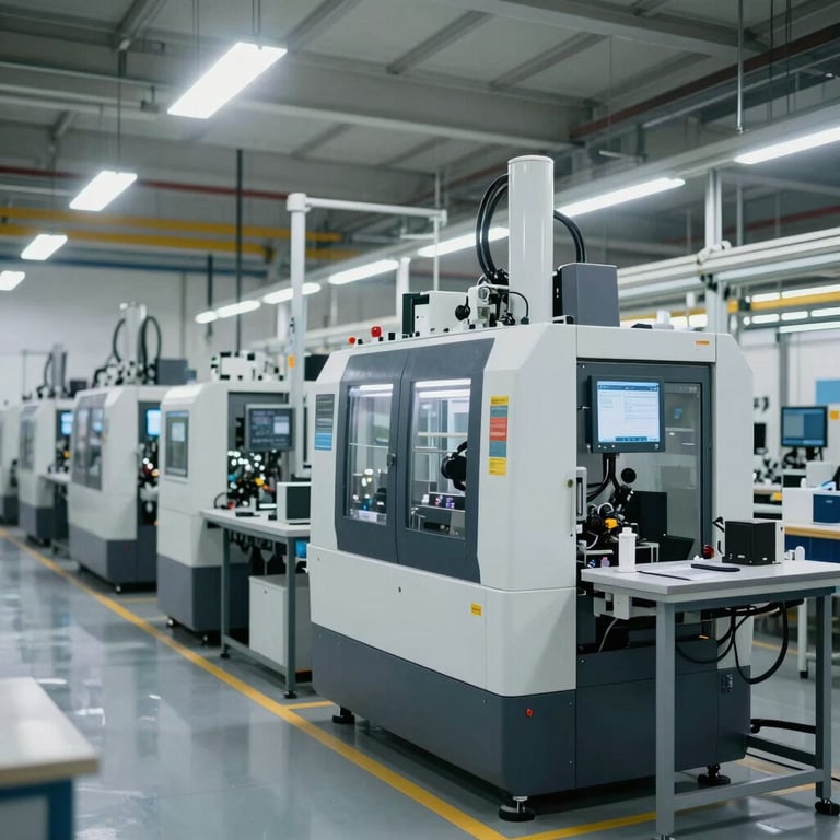 A wide shot of a modern manufacturing floor in India with organized production lines and high-end machinery, clean and professional.