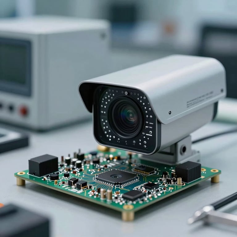 A close-up of a high-quality CCTV camera circuit board being tested in a modern South Asian laboratory with blue-gray equipment.