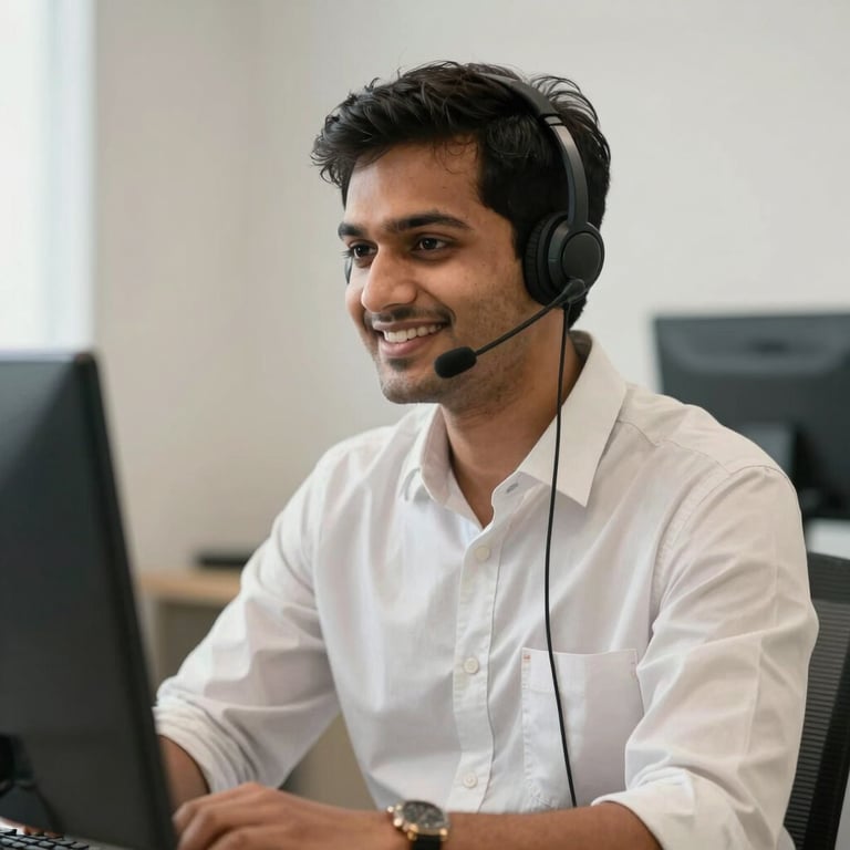 A professional South Asian male customer support representative with a headset, smiling in a clean, off-white office space.