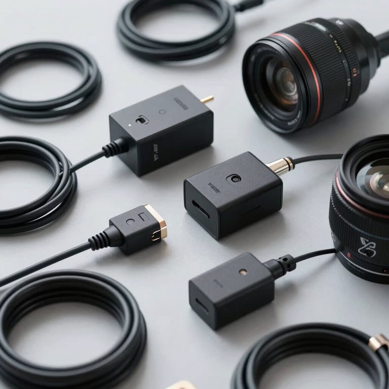 An array of Vew Vision branded security accessories neatly arranged on a light gray surface, including cables and power adapters.