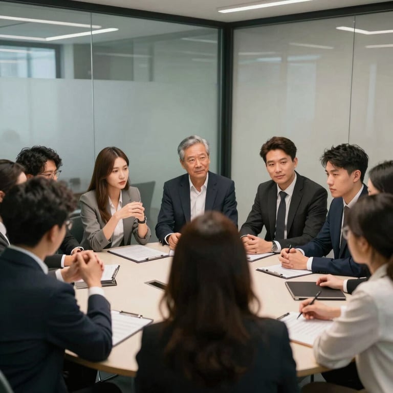 A candid shot of a team huddle in a glass-walled meeting room, showing professional collaboration and teamwork.