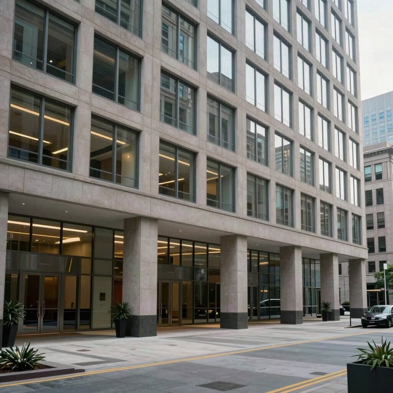 A wide shot of a contemporary urban office building lobby in the US, representing stability and efficient expertise.