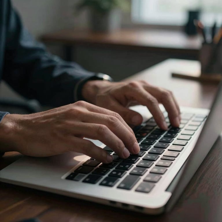 A close-up of hands typing on a sleek keyboard in a dimly lit North American office with a focused glow.