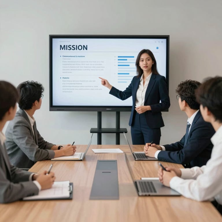 A professional woman presenting mission data on a screen to a small attentive group in a modern board room.