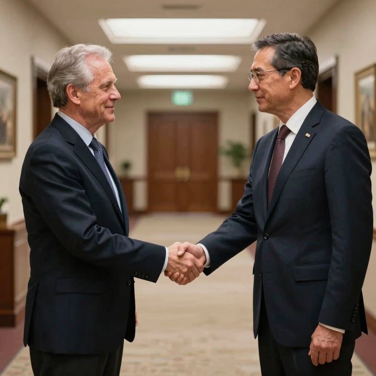 Two experts shaking hands in a formal North American government-style office hallway, conveying trust and reliability.