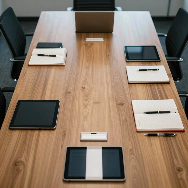 A bird's eye view of a professional conference table in a US office with pens, notebooks, and digital tablets.