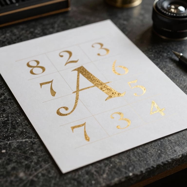 A numerology chart with elegant golden calligraphy on white paper, placed on a dark stone desk.