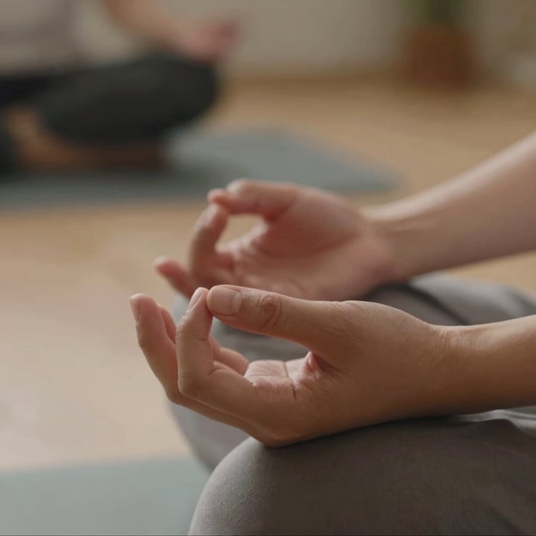 Close-up of a person's hands performing a mudra during a meditation session, soft focus, warm lighting.