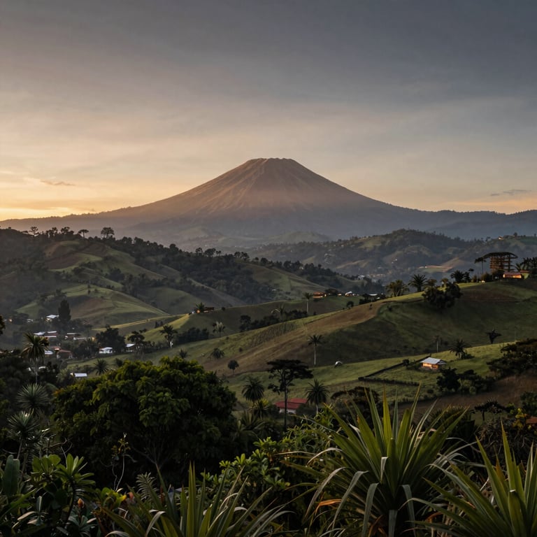 A peaceful Latin American landscape at dawn, symbolizing a new beginning and spiritual rebirth.