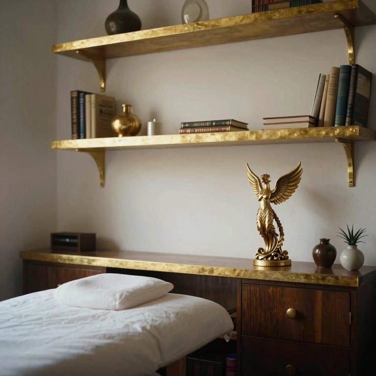 A quiet, elegant therapy office in Mexico with golden accents and a small Phoenix statue on the shelf.